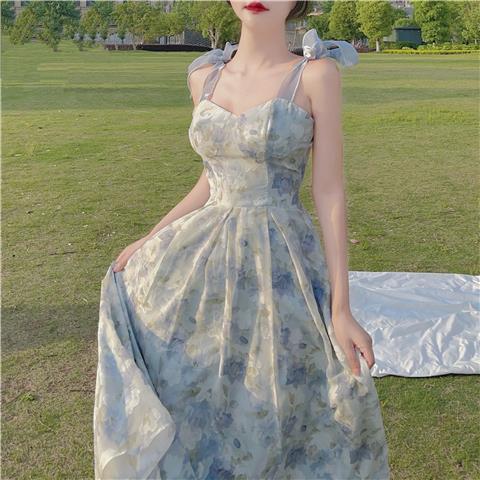 French Style Spaghetti Dress Floral Sweetheart Long Summer Dress 323