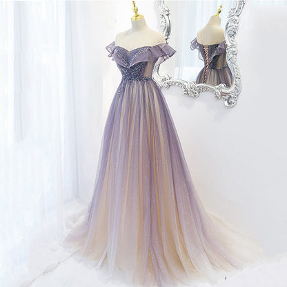 Robe de bal trapèze violette brillante en tulle, épaules dénudées, longue robe de soirée 588