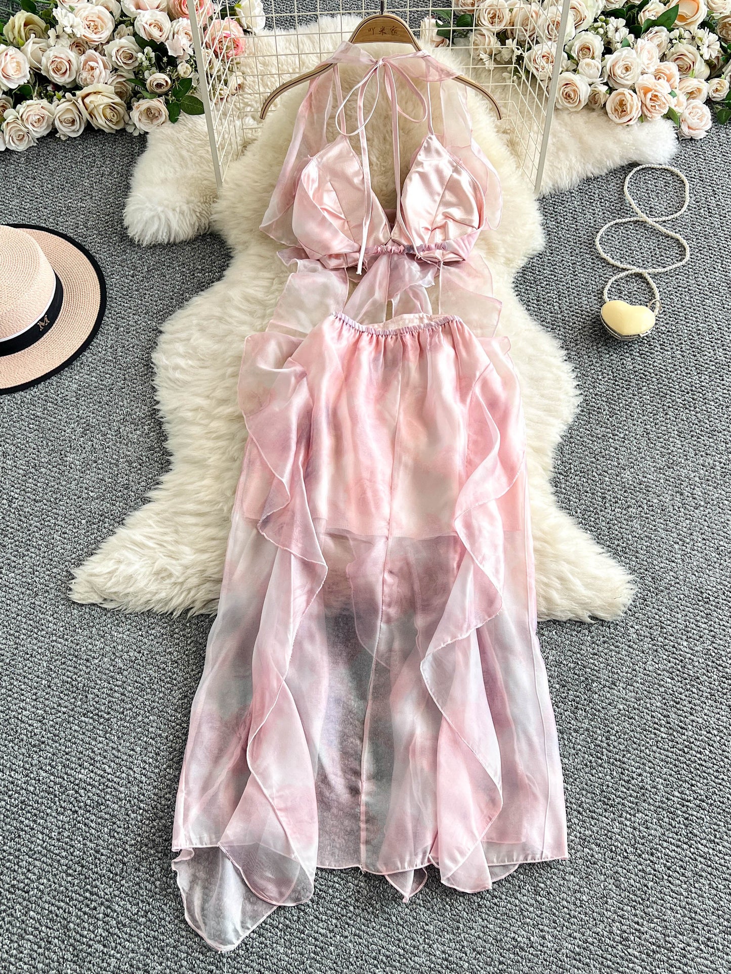 Sexy Halter Neck Printed Dress with Ruffled Backless Maxi Dress  L55