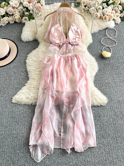 Sexy Halter Neck Printed Dress with Ruffled Backless Maxi Dress  L55