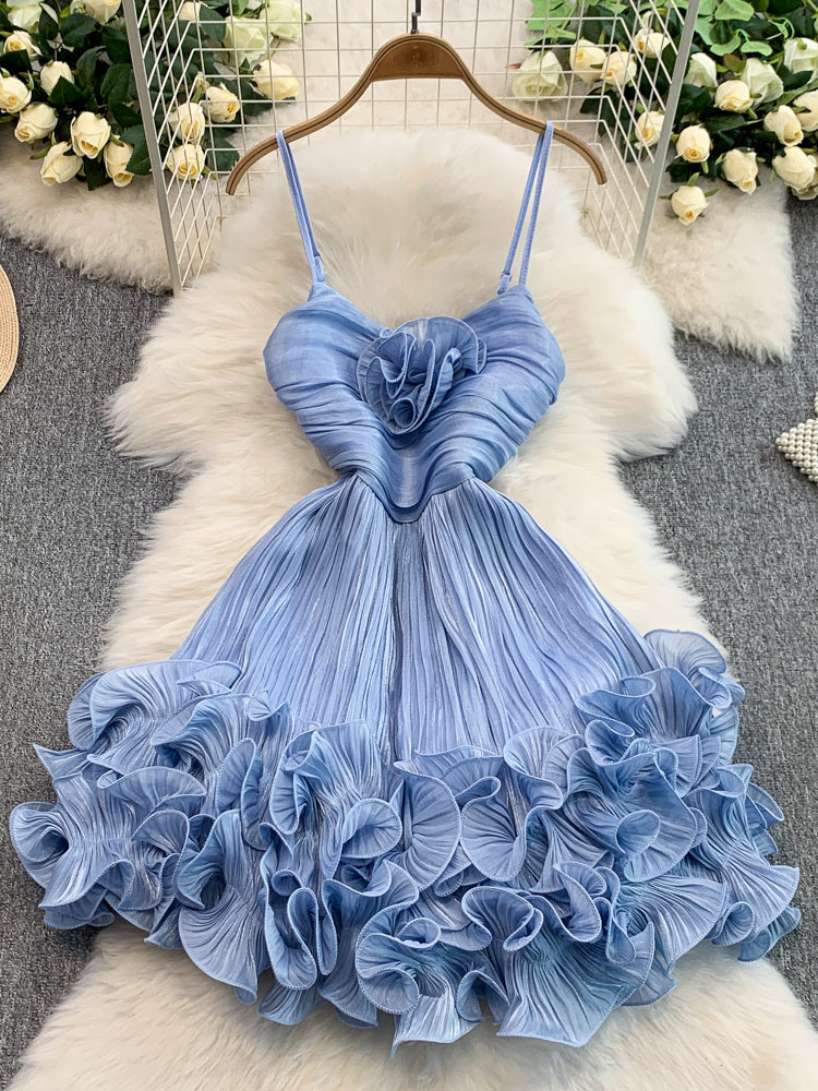 Ruffled Spaghetti Strap Homecoming Dress Summer Puff Princess Dress L50