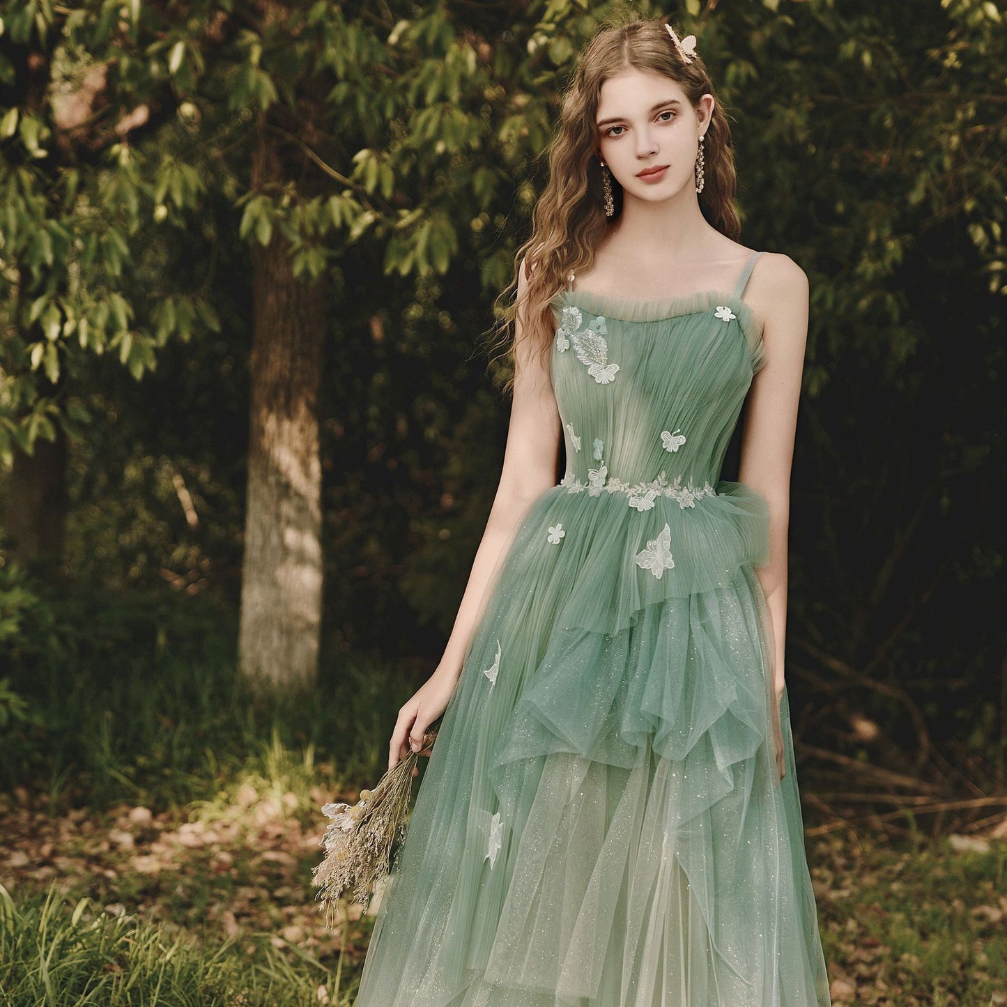 Green Tulle Spaghetti Strap Long Prom Dress A line Fairy Formal Party Dress 508