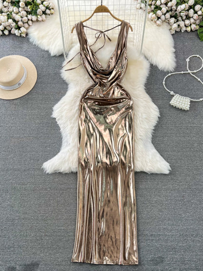 Sleeveless Backless Midi Gold Evening Dress L58