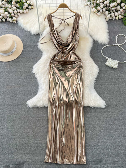 Sleeveless Backless Midi Gold Evening Dress L58