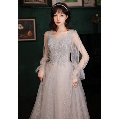 Robe de soirée en tulle gris à manches longues, tenue de soirée élégante et élégante (609)