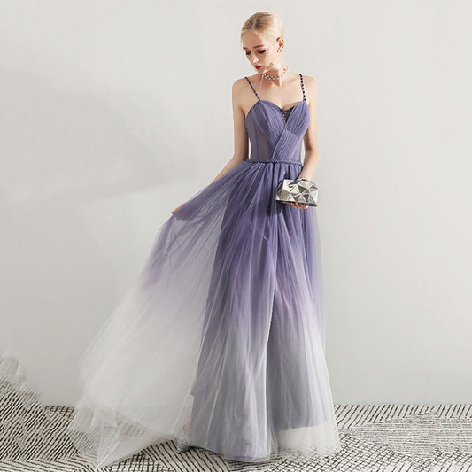 Gradient Purple Spaghetti Strap Prom Dress A Line Tulle Evening Formal Gown 610