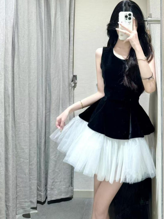 Velvet Spliced Ballet Tutu Mesh Sleeveless Vest Dress L28