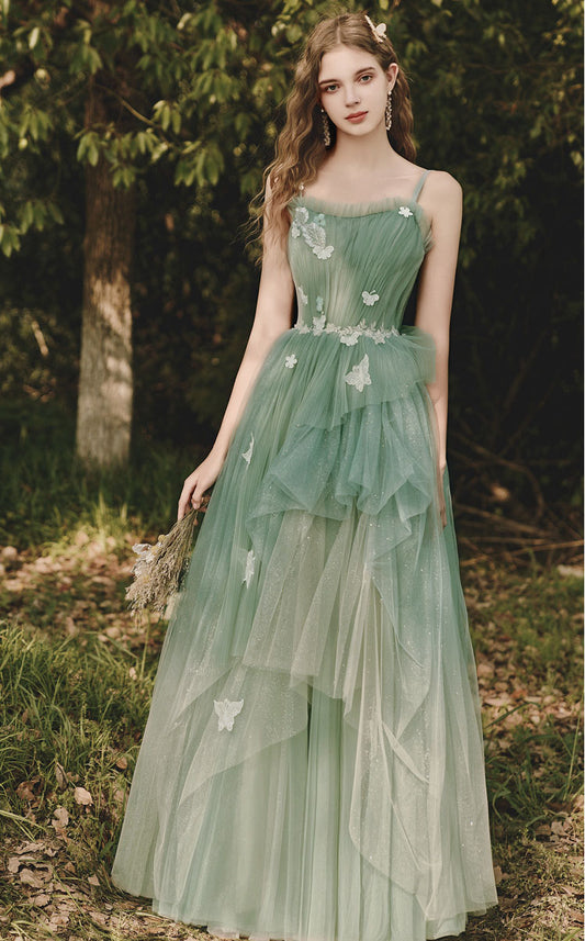 Green Tulle Spaghetti Strap Long Prom Dress A line Fairy Formal Party Dress 508