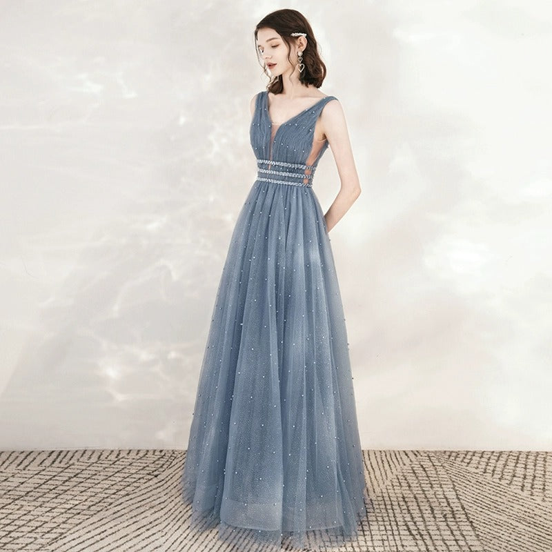 V Neck Blue Tulle Prom Dress A Line Formal Evening Party Dress 688