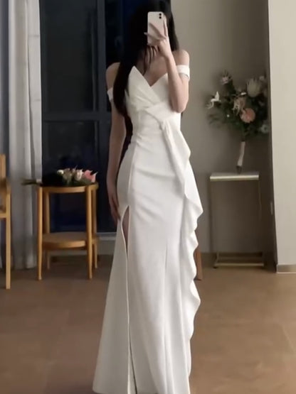 Off Shoulder Mermaid White Long Prom Dress Wedding Dress Evening Dress J8043