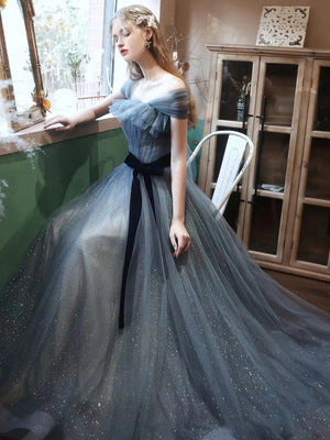 Off Shoulder Blue Tulle Prom Dress A Line Long Formal Evening Party Gown 637