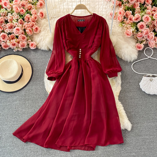 Autumn Retro French Style Long Skirt Puff Sleeves High Waist V-neck Chiffon Dress 351