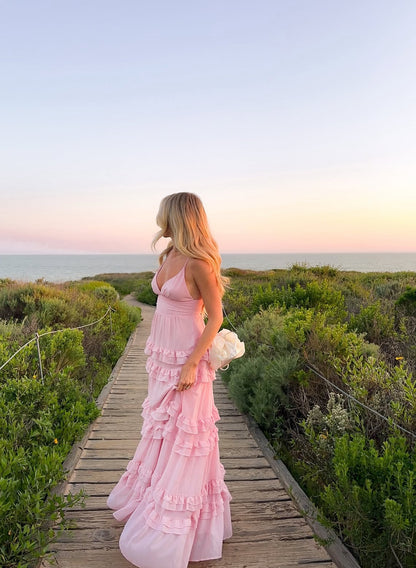 Spaghetti Straps Pink Ruffle Prom Dress V Neck Wedding Guest Dress J7013