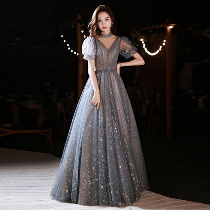 V Neck Shiny Tulle Prom Dress Gray Blue Sequins Evening Party Gown  658