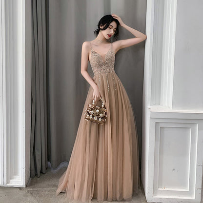 Robe de bal longue kaki à bretelles spaghetti et perles en tulle 298