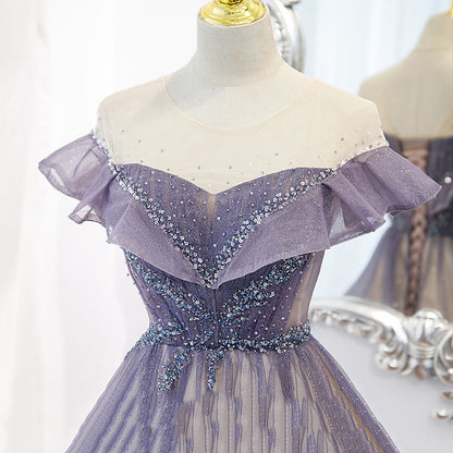 Robe de bal trapèze violette brillante en tulle, épaules dénudées, longue robe de soirée 588