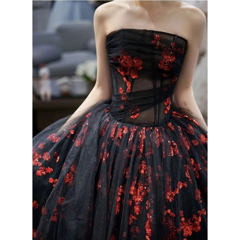 Strapless A Line Tulle Prom Dress Applique Black Ball Gown 2054