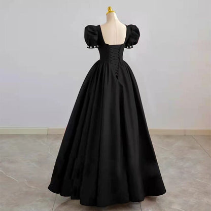 Robe de soirée noire en satin, coupe trapèze, tenue de soirée d'anniversaire, 2050
