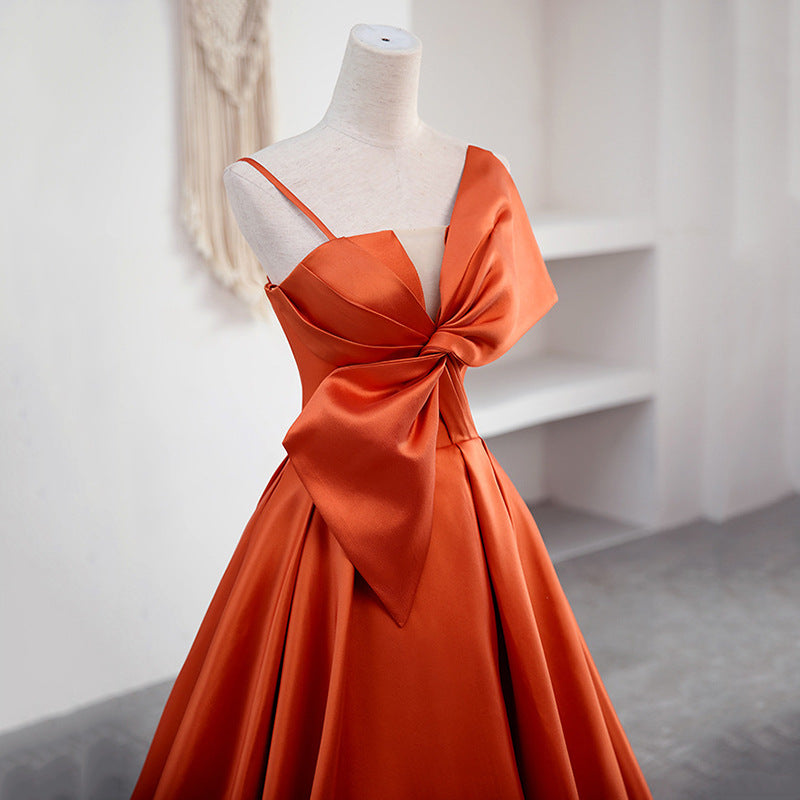 A Line Orange Satin Prom Dress Sweet Bow Birthday Party Dress 2045