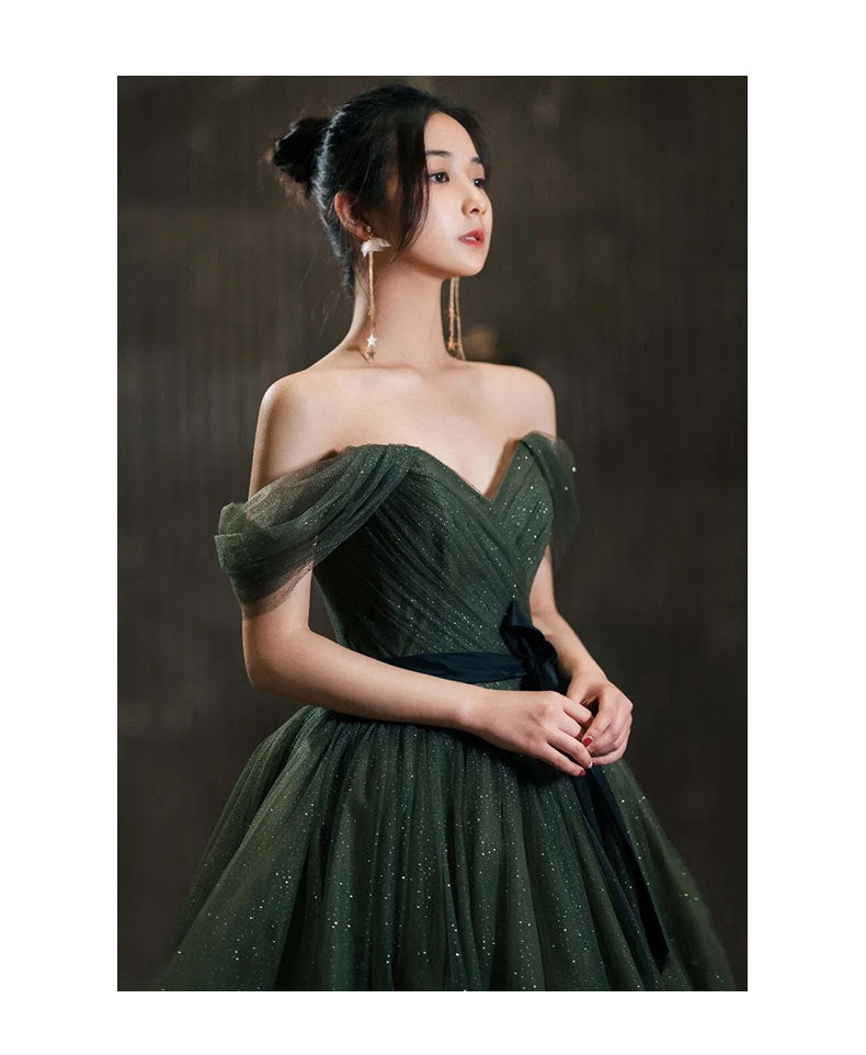 Off The Shoulder Green Tulle Prom Dress A Line Birthday Party Dress 2046