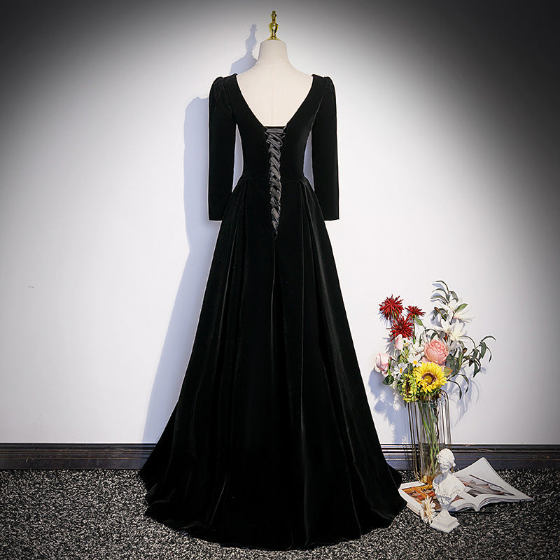 Black Velvet A Line Prom Dress Elegant V Neck Evening Dress 2052