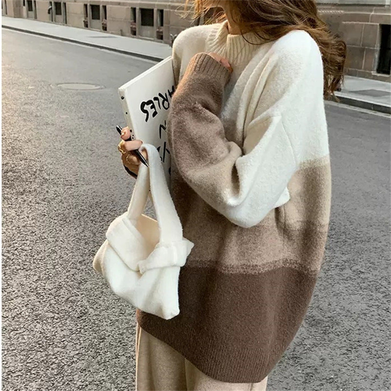 Gradient  Autumn and Winter Sweater Loose Lazy Style Knitted Round Neck Sweater 1720