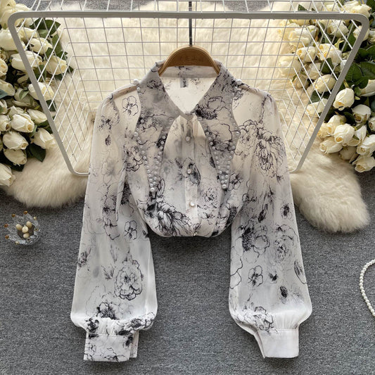 Spring and Summer New Shirt Women's Beaded Printed Shirt Loose Chiffon Top 482