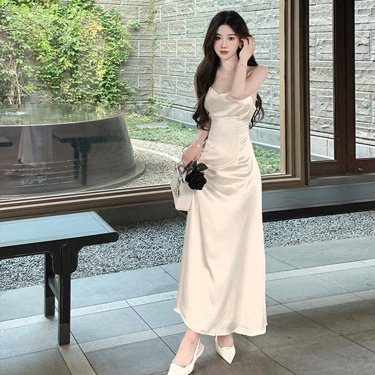 Summer Backless Long Dress French Spaghetti Strap Satin Dress 808