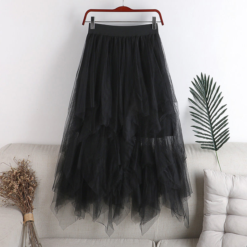 High-waisted Multi-layer Irregular Mesh Cake Skirt Mid-length Skirt 728