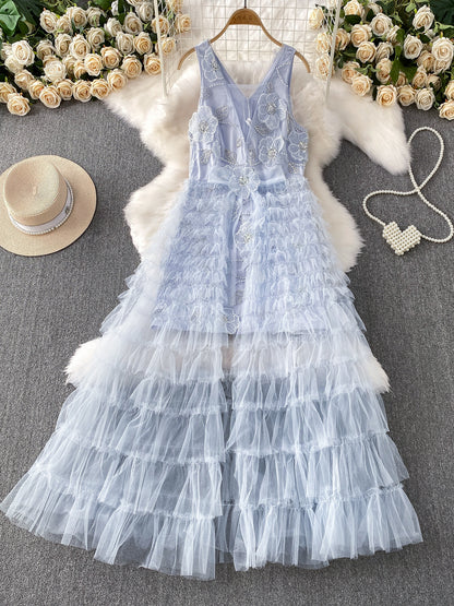 Beaded Sequined V-Neck Sleeveless Dress Princess Mesh Cake Maxi Dress L51