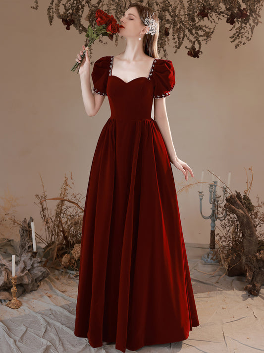 Sweetheart A Line Long Prom Dress Puff Sleeves Velvet Burgundy Evening Gown 574