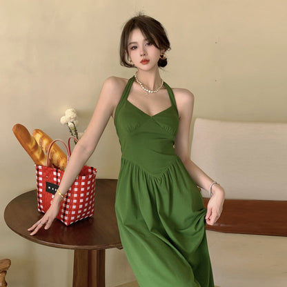 Green Hanging Neck Suspender Dress Women's Summer 2023 New French Retro Dress 405