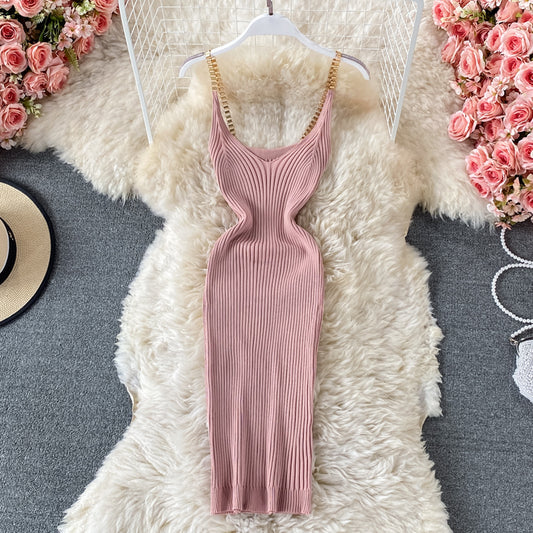 2023 Summer New Knitted Chain Shoulder Strap Sheath Dress 435