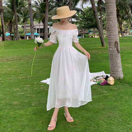 Off Shoulder White Summer Dress Mid Sleeves Long Skirt 428