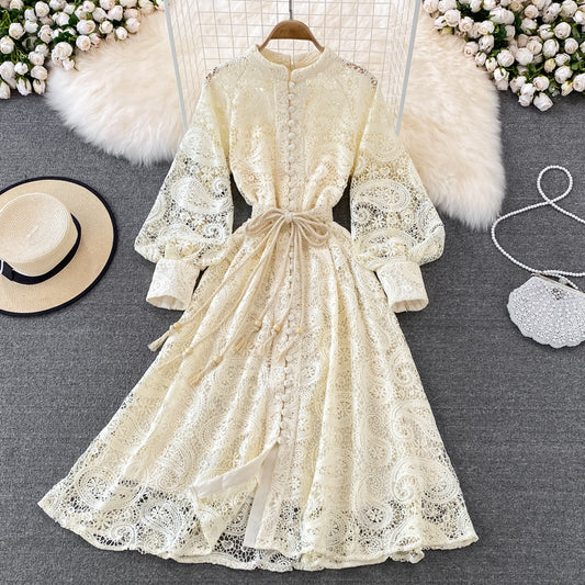 Retro Long-sleeved Lace Dress Fairy Big Swing Long Skirt 249