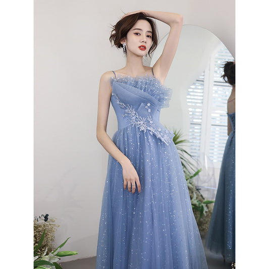 Spaghetti Strap Blue Prom Dress A Line Long Formal Evening Dress 131