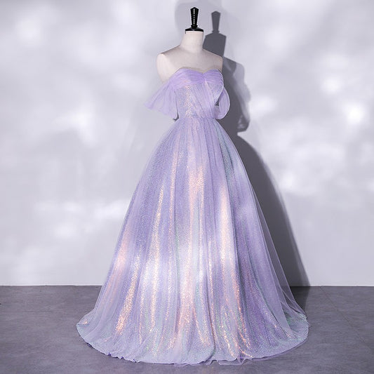 Lilac Off  Shoulder A Line Shiny Prom Dress Formal Party Dress 222