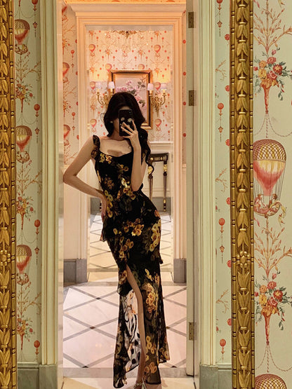 Ruffled Floral Summer Dress Slit Chiffon Long Dress L21