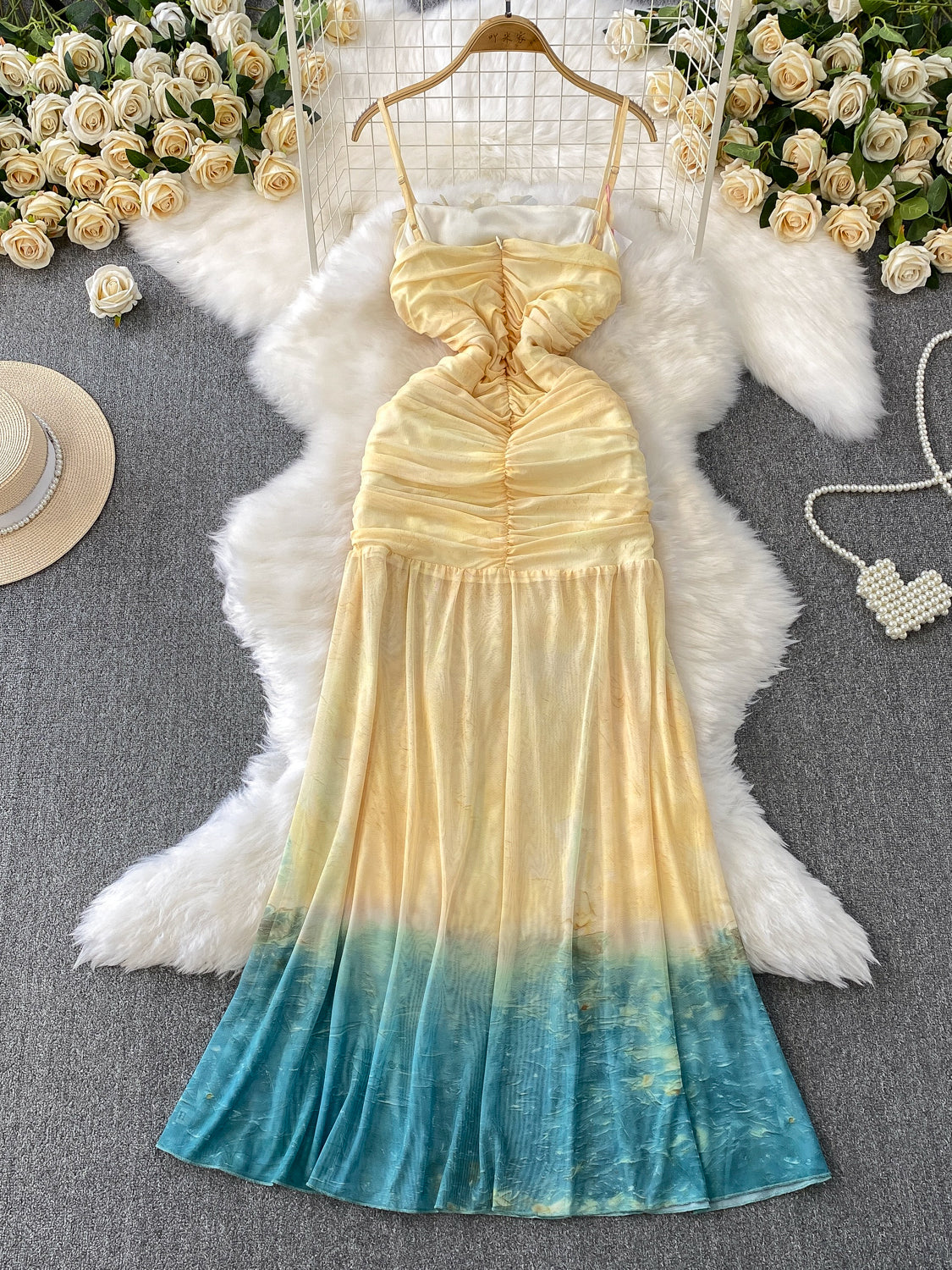 Gradient Spaghetti Strap Dress Summer Pleated Mermaid Long Skirt L56
