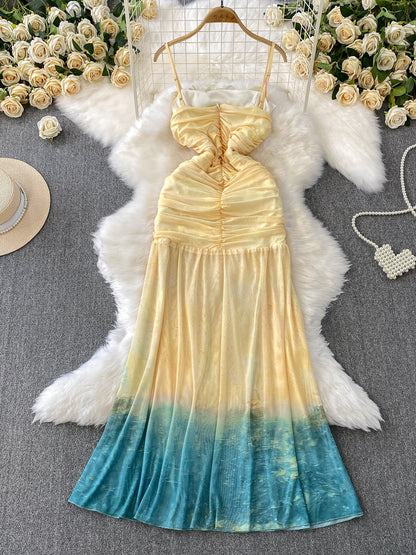 Gradient Spaghetti Strap Dress Summer Pleated Mermaid Long Skirt L56