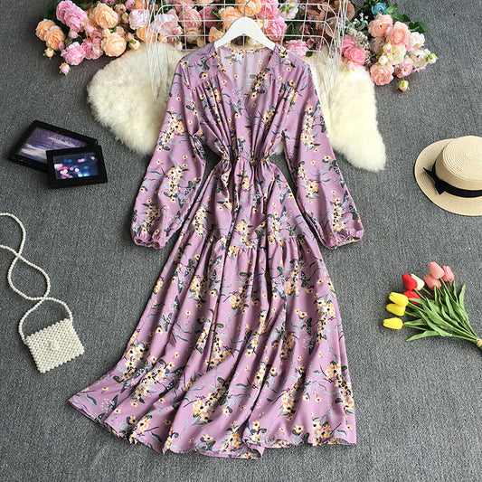 Autumn Retro Printed Dress Loose Casual V-neck Puff Sleeve Floral Dress 359