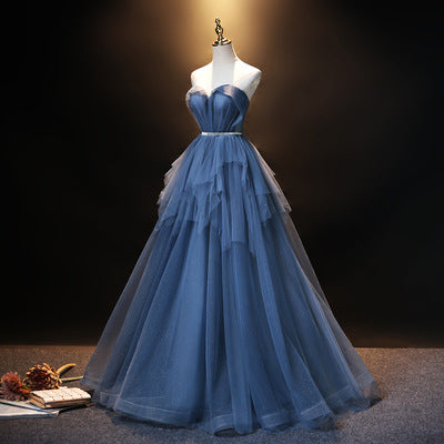 Strapless Royal Blue Prom Dress Sweetheart S Line Tulle Evening Gown 686