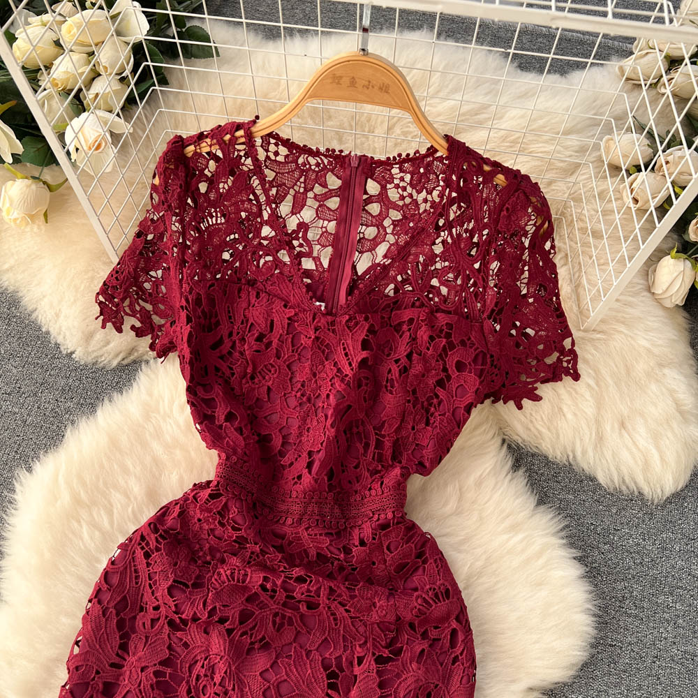 V-neck Short-sleeved Mid-length Lace Cutout Sexy Dress 489