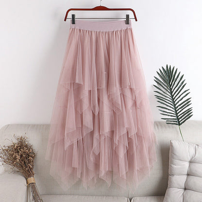 High-waisted Multi-layer Irregular Mesh Cake Skirt Mid-length Skirt 728