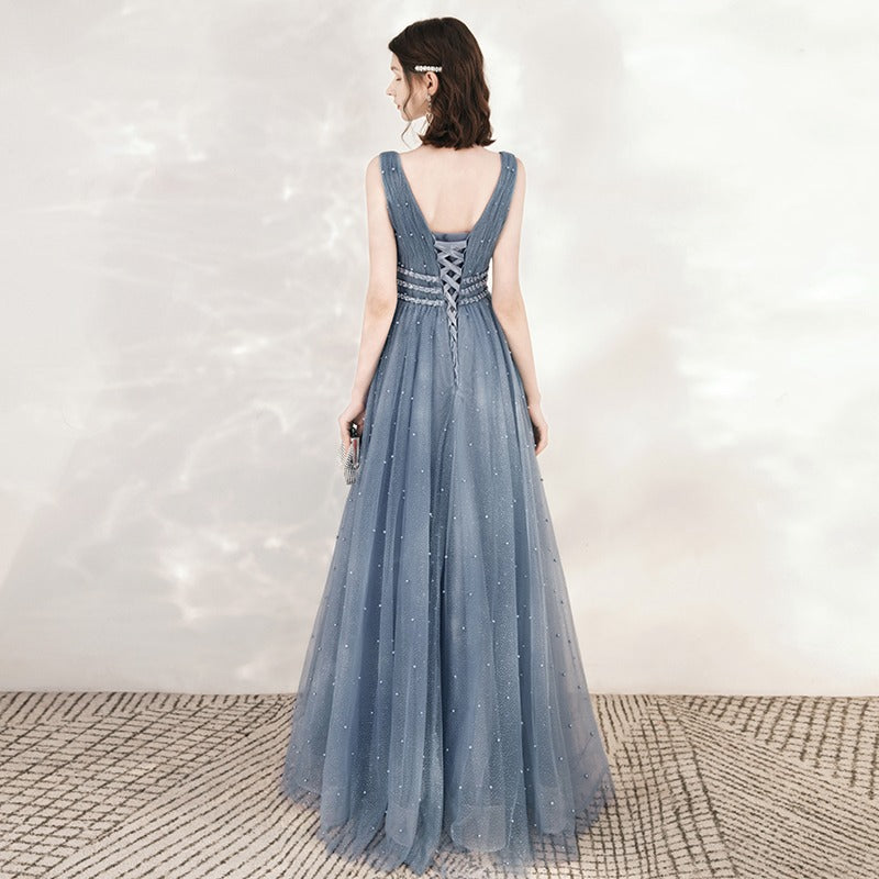 V Neck Blue Tulle Prom Dress A Line Formal Evening Party Dress 688