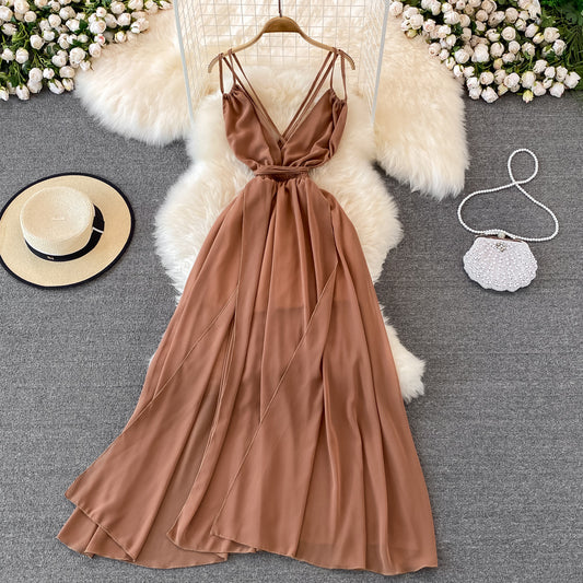 Bohemian Big Swing Thin Shoulder Strap Dress Fairy High Waist V-neck Sleeveless Dress 846