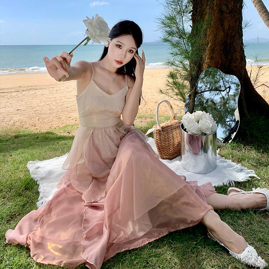 Gradient Fairy Dress Summer Spaghetti Strap Long Skirt Holiday Dress 407