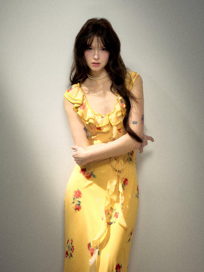 Robe longue sirène fleurie à bretelles et volants jaunes L68