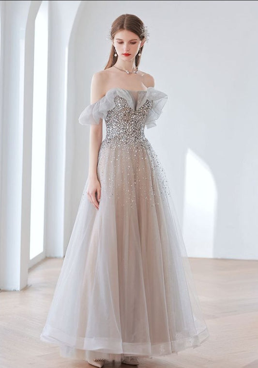 Off Shoulder Gray Sequins Long Prom Dress A Line Tulle Formal Evening Gown 305