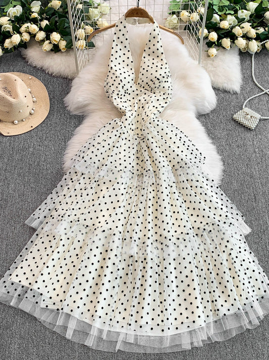 Polka Dot Sexy Mesh V-Neck Halter Neck Dress Women's Cake Skirt  L60